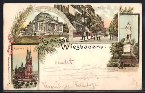 Lithographie Wiesbaden, Ringkirche, Neues Theater, Wihelmstrasse