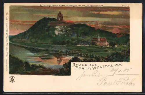 Lithographie Porta Westfalica, Wittekindsberg mit Denkmal