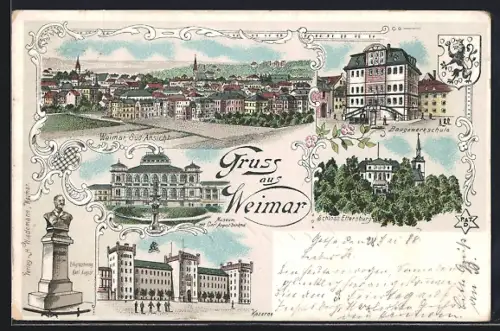 Lithographie Weimar / Thüringen, Gesamtansicht, Carl August-Denkmal, Schloss Ettersburg, Krankenhaus, Hauptpostamt