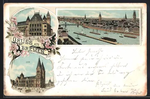 Lithographie Bremen, Gerichtsgebäude, Dom, Ortsansicht