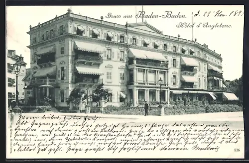 AK Baden-Baden, Hotel d`Angleterre, Gebäudeansicht mit Portier