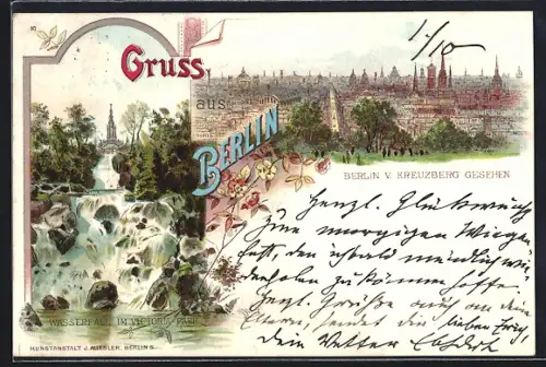 Lithographie Berlin, Wasserfall im Viktoria-Park, Stadtansicht vom Kreuzberg
