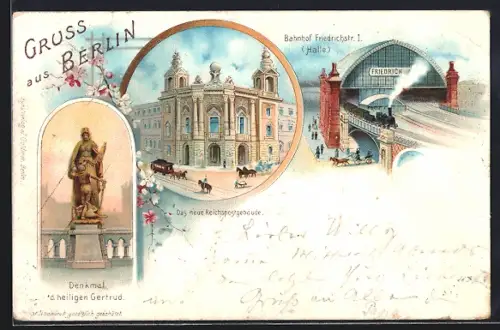 Lithographie Berlin, Bahnhof Friedrichstrasse, Denkmal d. heiligen Gertrud u. das Reichspostgebäude