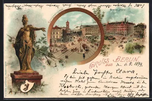 Lithographie Berlin, Königsstrasse mit Strassenbahn, Grand-Hotel & Berolina mit Wappen