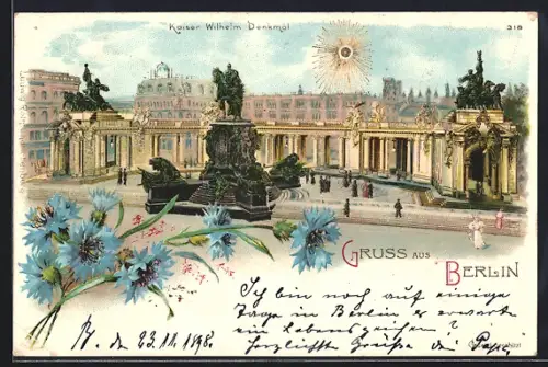 Sonnenschein-AK Berlin, Kaiser Wilhelm-Denkmal mit goldener Sonne, Kornblumen
