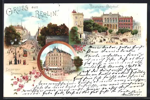 Vorläufer-Lithographie Berlin, 1895, Grand-Hotel Bellevue, Potsdamer Bahnhof, Leipziger Strasse