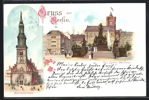 Lithographie Berlin, Neuer Markt mit Luther-Denkmal, Marienkirche