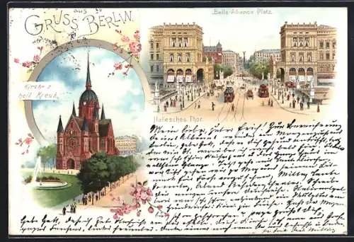 Vorläufer-Lithographie Berlin, 1895, Hallesches Thor mit Belle-Alliance-Platz, Kirche z. heil. Kreuz