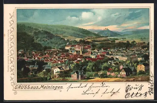 Künstler-Lithographie Max Dutzauer: Meiningen, Gesamtansicht