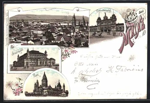 Lithographie Mainz, Centralbahnhof, Stadthaus, Teilansicht, Dom