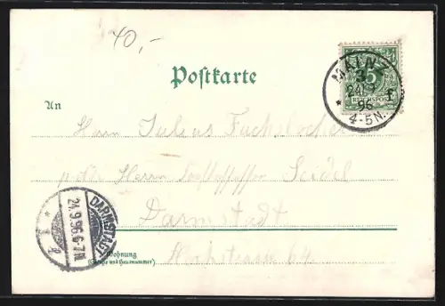 Lithographie Mainz, Centralbahnhof, Stadthaus, Teilansicht, Dom