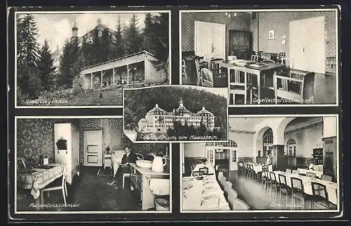 AK Schaufling, Sanatorium am Haustein, Innenansichten Gesellschaftszimmer und Speisesaal