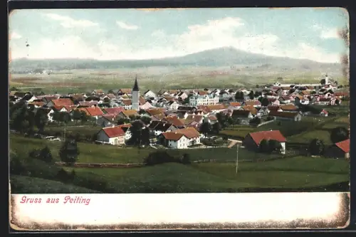 AK Peiting, Gesamtansicht mit Wiesen u. Bergpanorama aus der Vogelschau