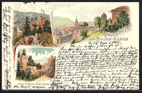 Lithographie Baden-Baden, Neues Schloss, Altes Schloss Hohenbaden, zwei Ansichten