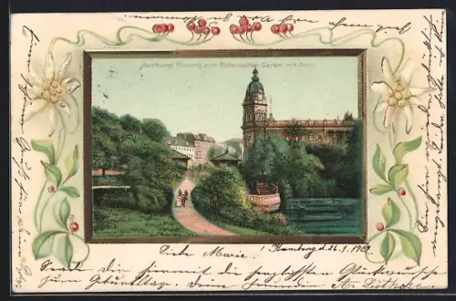 Lithographie Hamburg-St.Pauli, Eingang zum Botanischen Garten mit Post, Edelweiss, Passepartout
