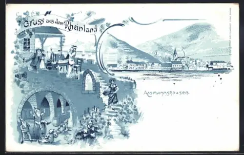 Lithographie Assmannshausen /Rheinland, Gasthaus, Inneres Keller, Teilansicht