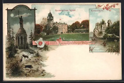 Lithographie Detmold, Blick auf Hermanns-Denkmal, Residenzschloss und Externsteine