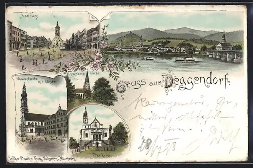 Lithographie Deggendorf, Ortsansicht, Stadtplatz, Gnadenkirche mit Kloster