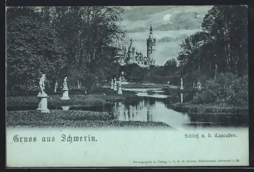 Mondschein-AK Schwerin / Mecklenburg, Schloss von den Cascaden