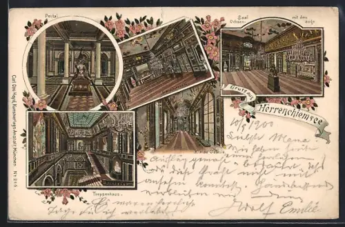 Lithographie Herrenchiemsee, Schloss, Portal, Hartschiersaal, Kleine Galerie, Saal mit dem Ochsenauge