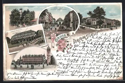 Lithographie Darmstadt, Ludwigshöhe, Saalbau, Grossherzogliche Orangerie