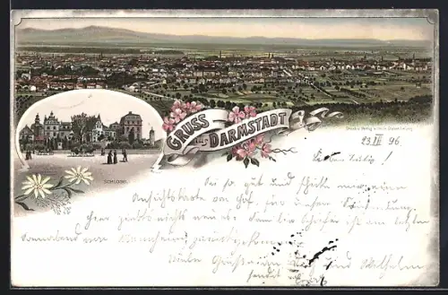 Lithographie Darmstadt, Gesamtansicht aus der Vogelschau und Schloss