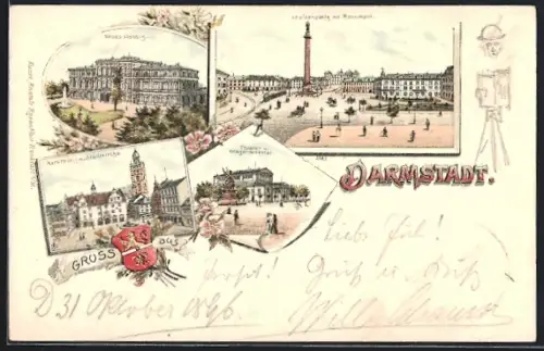 Lithographie Darmstadt, Louisenplatz mit Monument, Neues Palais, Marktplatz mit Stadtkirche, Kriegerdenkmal