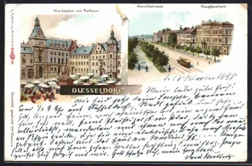 Lithographie Düsseldorf, Marktplatz mit Rathaus, Hauptpostamt und Haroldstrasse mit Strassenbahn