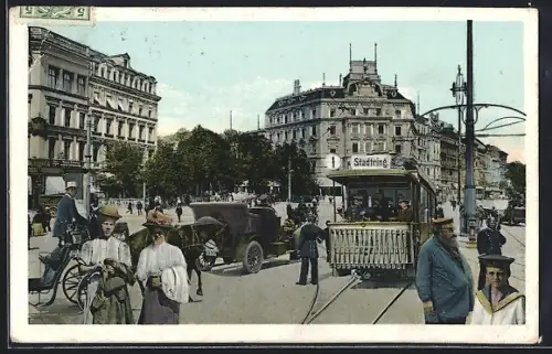 AK Berlin-Tiergarten. Strassenbahn und Passanten am Potsdamer Platz