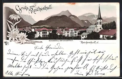 Vorläufer-Lithographie Reichenhall, 1894, Teilansicht mit Kirche vom Gradierhaus aus gesehen