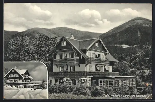 AK Bad Kohlgrub /Obb., Cafe-Pension Ludwigsschlucht im Sommer und im Winter