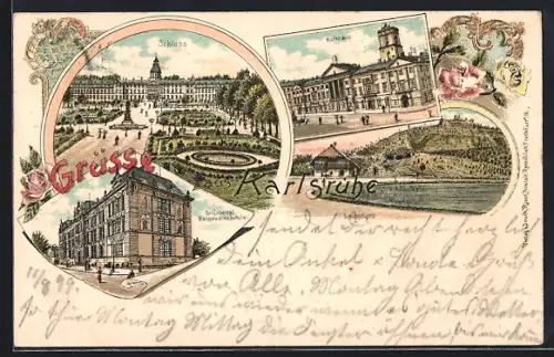 Lithographie Karlsruhe, Grossherzogliche Baugewerkeschule, Schloss, Rathaus