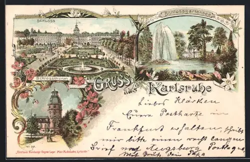 Lithographie Karlsruhe, Schloss, Schlossgartensee, Schlossturm
