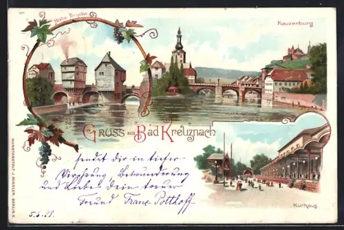 Lithographie Bad Kreuznach, Kauzenburg, Kurhaus, Nahe Brücke