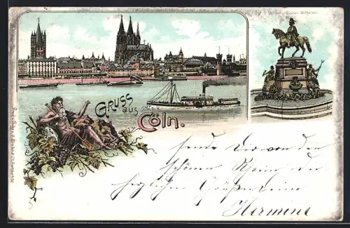 Lithographie Cöln, Ortspanorama mit Rheindampfer, Denkmal Kaiser Wilhelm I., Vater Rhein