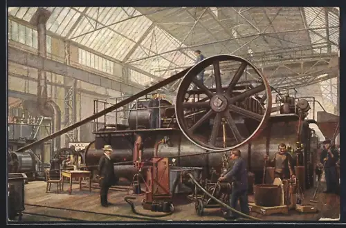 AK Magdeburg-Buckau, Blick in die Maschinenhalle mit Amtl. Prüfung einer 800-pferdigen Patent-Heissdampf-Lokomobile, Fabr
