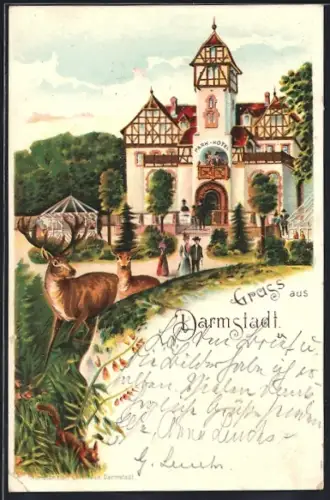 Lithographie Darmstadt, am Park-Hotel, Gäste und Hirsche