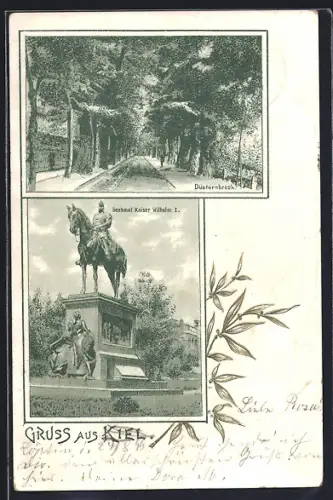 Lithographie Kiel, Dünsternbrook, Denkmal Kaiser Wilhelm I.