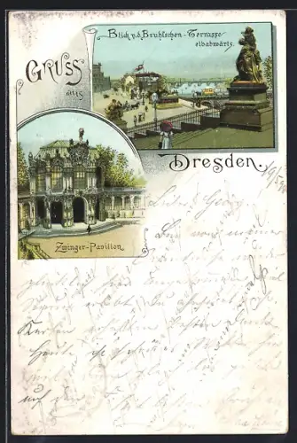 Lithographie Dresden, Blick von den Brühlschen Terrassen, Zwinger Pavillon