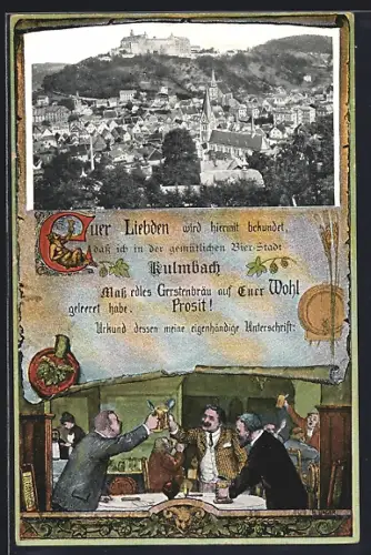 Grusskarten-AK Kulmbach, Stadtpanorama, Herren bei Bier am Stammtisch