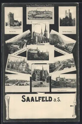 AK Saalfeld / Saale, Burg Lauenstein, Neues Schulgebäude, Hoher Schwarm, St. Johanniskirche