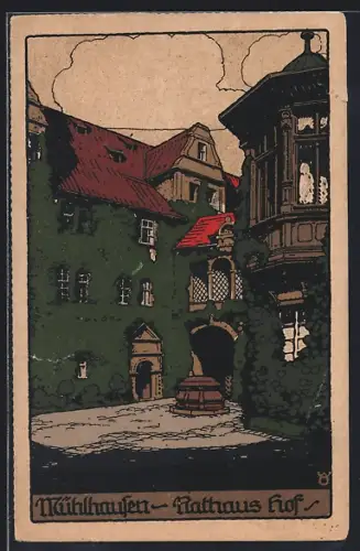 Steindruck-AK Mühlhausen / Thür., Partie des Rathaus Hof
