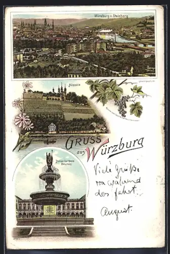 Lithographie Würzburg, Prinz Luitpold Brunnen, Käppele, Panorama v. Steinberg
