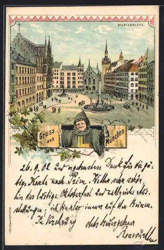 Lithographie München, Blick auf den Marienplatz