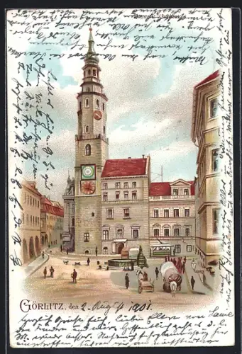 Lithographie Görlitz, Strassenpartie mit Kirchturm und Pferdekutsche