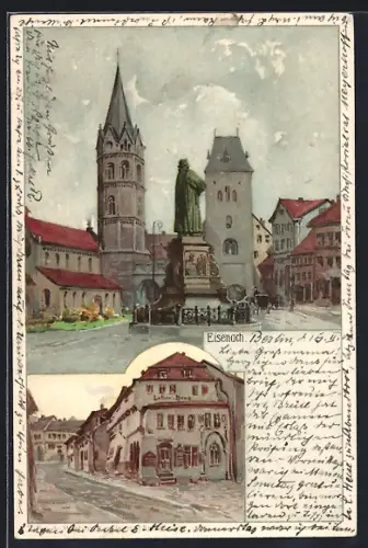 Künstler-AK Eisenach, die Wartburg, Lutherdenkmal, das Lutherhaus