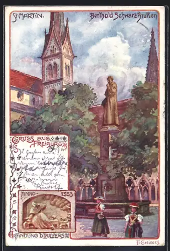 Künstler-AK Freiburg / Breisgau, Berthold Schwarz Brunnen, St. Martin, Frauen in Trachten