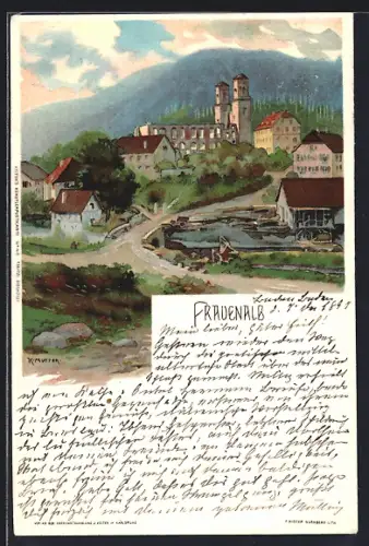 Künstler-AK K. Mutter: Frauenalb, Ortsansicht mit Kirche