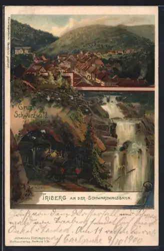Lithographie Triberg, Gesamtansicht, Schwarzwaldbahn & Wasserfall