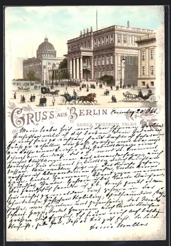 Vorläufer-Lithographie Berlin, 1895, Strassenpartie am Kaiser Friedrich Palais